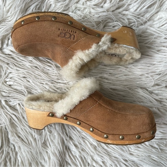 UGG Kalie Chestnut Suede Y2K Sheepskin Lined Wood Sole Mule Clogs 5426 Size 6 - Picture 2 of 11
